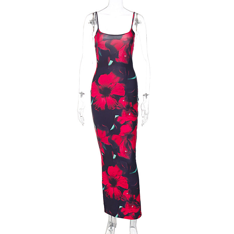 Printed U Neck Strap Slim Fit Sexy Women Dress Bella Mia
